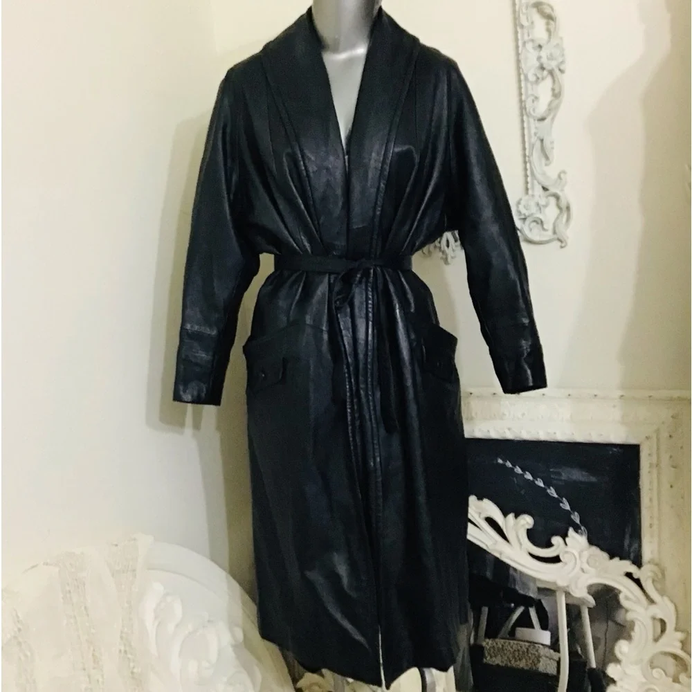 VINTAGE Black Leather Maxi Coat - Picture 3 of 12